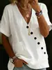 Camisa de Algodón y Lino de Manga Corta, Holgada, Casual, de Botones, Color Sólido, Estilo Europeo y Americano, Cuello en V, para Mujer, Novedad Verano 2026