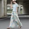 Pantalones Culotte Casuales de Algodón y Lino de Pierna Ancha Sueltos con Estampado Artístico Retro de Lino de Alta Gama para Mujer