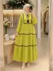 M397 # Ropa Turca Transfronteriza para Mujer con Lazos de Borlas, Mangas de Linterna de Largo 9/10, Vestido con Empalme de Cinta y Falda de Volantes.