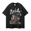 Camiseta Vintage Retro Floral Desgastada Manga Curta Estilo Ins Rap Rapper Marca Tendência Unissex Verão 2025 Manga Curta