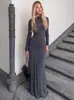 Comercio exterior europeo y americano Amazon otoño vestido largo de color liso de manga larga cola de pez para mujer, vestido elegante ajustado fruncido
