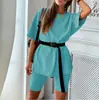 Conjunto Feminino de Duas Peças Novo de Venda Quente Primavera e Verão 2020 com Cinto Cor Lisa para Casa Solto Esportivo Moda Casual