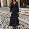 Vestido Sexy Elegante Nuevo Otoño/Invierno 2026 Ropa Femenina Transfronteriza Europea y Americana Vestido Largo de Lunares con Cuello en V de Cintura Alta para Mujer