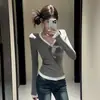 Outono e Inverno Veludo Alemão Gola V Botões Novo Estilo Costura Falsa Peça Dupla Manga Longa Camiseta Camada Base para Mulheres Efeito Emagrecedor Top Interno