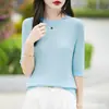Verão Novo Tricô Torcido Gola Redonda Solto 100% Tencel Cor Sólida Multicor Manga Curta Versátil Top Camiseta Camada Base Feminina