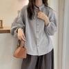 Camisa Holgada de Manga Farol a Rayas de Otoño Casual Chaqueta Pequeña Holgada Adelgazante Estilo Japonés Top de Cuello Mao Pequeño para Mujer