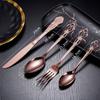 Cuchillo, tenedor y cuchara de corte real de acero inoxidable 430, vajilla hueca de estilo europeo, cuchillo de carne dorado con relieve retro creativo, juego de cuatro piezas