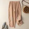 Pantalones Casuales de Algodón Bordado para Mujer Artísticos Retro Sueltos Adelgazantes de Encaje Pantalones de Mujer Verano Finos 2023 Nuevo