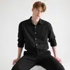 Camisa Masculina de Seda Gelada Cor Sólida, Caimento Solto, Tendência, Estilo Coreano de Luxo Leve, Manga Longa, Estilo Hong Kong, Casual Business, Fluida