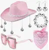 5 peças Bola de Espelhos Rosa com Glitter Chapéu de Cowboy Chapéu de Cowgirl Brilhante com Brincos de Pulseira Lenço Quadrado Óculos Festa