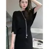 Suéter de Tricô Canelado Estilo Preguiçoso Coreano com Mangas Morcego para Mulheres, Verão 2026, Gola Redonda, Caimento Solto, Emagrecimento, Top com Toque de Luxo