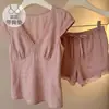 Pijama de Algodão Nuvem para Mulheres, Estilo Verão com Bojos, Estilo Doce de Princesa, Acabamento em Renda, Conjunto de Roupa de Casa com Shorts de Manga Curta
