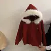 Conjunto de Duas Peças para Meninas Outono e Inverno 2025 Novo Estilo Suéter de Tricô Estilo Preguiçoso com Capuz e Gola de Pelo Removível e Calça de Lã Listrada