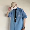 Camisa Casual Masculina Juvenil Estilo Japonês Tamanho Grande Jaqueta de Manga Curta Versão Solta Flores Bordadas Gola Top Feminino