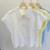 Camisa Feminina Manga Curta Renda Bordado Pesado Verão Gola Lapela Vazada 2026 Novo Top Francês com Barra Franzida