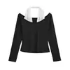 Camiseta de Manga Larga Estilo Puro Deseo Bloque de Color Cuello Halter Un Hombro Falso Dos Piezas para Mujer, Versátil Delgado Base Moda Primavera