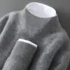 Suéter de malha casual de alta qualidade pronto para usar, 100% lã pura, outono e inverno, novo, masculino, gola semi-alta, cor sólida, solto, camisa base tricotada