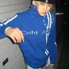 Jaqueta curta com gola alta bordada de estrela asiática para homens e mulheres, moletom cardigã estilo high street americano com listras duplas em azul