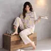 Algodão Puro Conjunto Doce Feminino Manga Longa Gola Redonda Roupa de Casa, Primavera e Outono Fino Solto Calça Longa para Outono