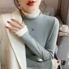 Blusa de Cashmere Espessa Feminina Outono e Inverno Lã Gola Semi-alta Renda Camiseta de Manga Longa Estilo Ocidental Camiseta Térmica