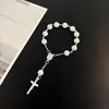 Pulsera de Perlas con Colgante de Cruz, Pulsera de Oración para Fiesta, Flor de Rosa Plana de Venta Caliente Transfronteriza, Cuentas de Bautizo con Alas de Ángel