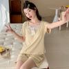 Pijama Sexy de Encaje de Manga Corta Estilo Nuevo 2025 con Almohadillas para el Busto para Mujer Verano Simple Color Puro Casual Conjunto para Estar en Casa