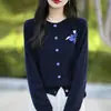Cárdigan de Punto de Lana Pura Estilo Coreano Perezoso para Mujer, Azul Marino Jacquard Holgado Adelgazante Suave Esponjoso Suéter Ropa de Abrigo Chaqueta Cálida