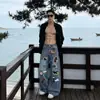 Marca Tendência Estilo Americano Bordado de Veludo Desenho Animado Cimitarra Jeans Unissex High Street Calças Largas Soltas Calças Lavadas Vintage