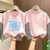 Camiseta de algodão puro de manga longa para meninas, estilo primavera e outono, corte solto, blusa base estilo duas peças falsas, gola redonda estilosa para meninas