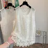 Top de Abrigo Casual sin Mangas de Cuello Redondo con Bordado de Encaje Tridimensional de Color Sólido Artístico para Mujer Tallas Grandes para Verano