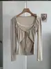 KEKEZOON Camiseta Manga Longa Feminina Patchwork de Renda com Bolinhas e Cordão Falso Duas Peças Doce Slim Fit Outono Inicial 9073