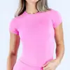 Conjunto de Yoga sin Costuras Europeo y Americano para Mujer, Top Deportivo de Verano de Manga Corta para Fitness, Secado Rápido, Ceñidor de Cintura, Ropa de Yoga de Cuello Redondo