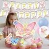 Tema de Cumpleaños Mariposa Rosa Set Infantil Bandera Fiesta de Cumpleaños en el Jardín Bandera para Pastel Decoración con Globos