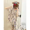 Pijama de Algodón Nube para Mujer, Verano Lindo Conejo de Dibujos Animados Manga Corta Pantalón Largo, Talla Grande Holgado Conjunto de Hogar de Verano