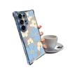Capa de Celular Transparente Floral Azul Claro Estilo Coreano para Apple 15/16 Pro Max com Moldura Galvanizada e Proteção Anti-Queda com Airbag