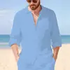 Nova Camisa de Linho Masculina de Manga Longa, Camisa Casual de Praia com Caimento Solto e Colarinho, Camisa Lisa de Manga Longa