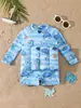 Traje de baño de una pieza con flotador de tortuga marina a rayas azules para niños, de manga larga, protección solar para bebés, secado rápido, traje de baño para principiantes