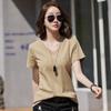 Dropshipping Nueva Camiseta de Verano de Manga Corta para Mujer Suelta Algodón Cuello V Talla Grande Color Puro Top Morado Suministro Transfronterizo