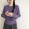 Suéter de Punto de Color Sólido con Cuello Redondo, Estilo Perezoso Otoño e Invierno para Mujer, Manga Larga, Corte Holgado, Adelgazante, Versátil, Top Corto Suave de Punto para Mujer