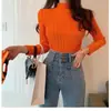 Suéter Delgado de Punto Fino con Cuello Medio de Manga Larga, Base Negra para Mujer