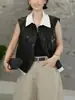 Elegante chaleco sin mangas de PU con solapa desmontable para mujer, nueva moda versátil de otoño 2026, top tipo chaqueta de cuero
