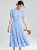 26 Nuevo Estilo de Verano Vestido Elegante Azul y Blanco a Cuadros que Ceñe la Cintura para Mujeres con Sentido del Diseño, Vestido Largo de Manga Corta para Mujeres Altas 18280