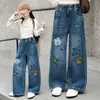 Jeans de Perna Larga Novo para Meninas Primavera e Outono Calças Retas Estilo Western Infantil Calças de Primavera e Outono para Crianças Grandes Calças Largas