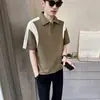 Camiseta de Verano de Manga Corta de Gama Alta para Hombre, Marca de Moda, Top Pulóver con Cuello Campana Estilo Ins, Camisa Polo Bloqueada por Color, Ropa Interior de Moda de Media Manga