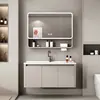 Gabinete de banheiro integrado com armário para pia, pia de cerâmica e design de parede para uma configuração completa de banheiro