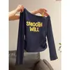 Camiseta de manga longa cinza outono estilo coreano, um ombro só, ombro a ombro, acinturada, 2026, base, blusa falsa de duas peças para mulheres