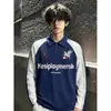 Camiseta polo de manga larga para hombre estilo jersey retro americano, camiseta de otoño con estampado de letras y patchwork, sudadera de bloque de color con hombros normales