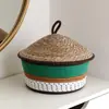 Cesta de Armazenamento de Cogumelo Tecida Colorblock de Corda de Algodão com Tampa à Prova de Poeira Cesta de Armazenamento de Lanches para Desktop Organizador de Utilidades Cesta de Armazenamento