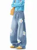 Toalla Divertida Estilo Americano Flores Bordadas Cimitarras Jeans Hombres Mujeres Otoño Moda Tendencia Sentido de Diseño Pantalones de Pierna Recta Pantalones Casuales Sueltos