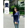 Camiseta interior azul marino de cuello redondo y manga larga para mujer, estilo coreano de otoño, ajuste espectacular, camiseta top adelgazante, atuendo chic y sofisticado